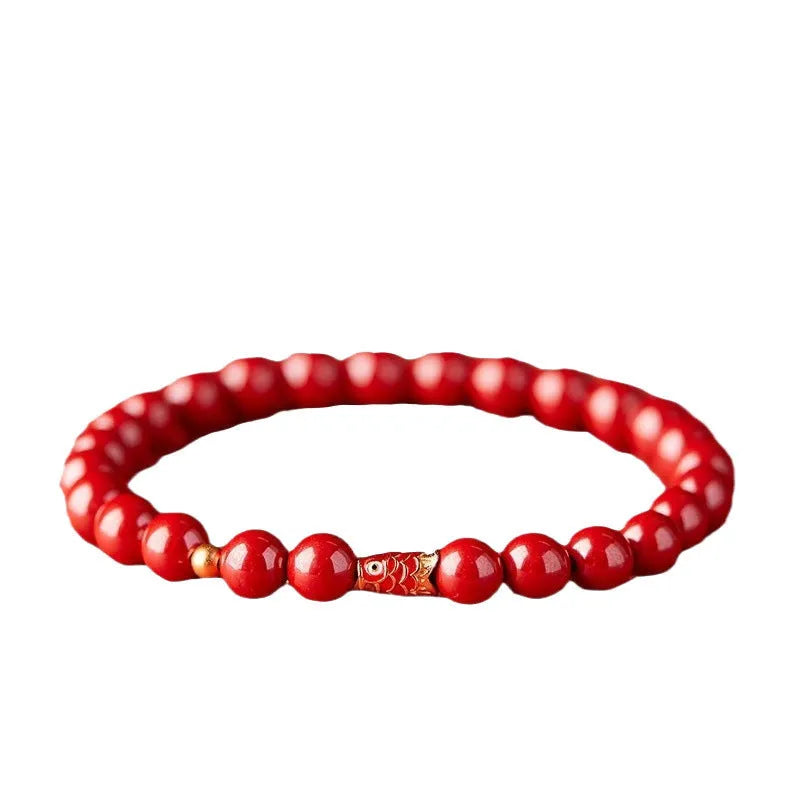 Natural cinnabar koi bracelet with golden ball model in national style, available in 4mm and 6mm sizes