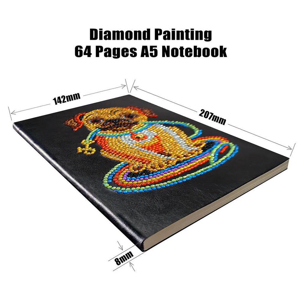 Black A5 DIY diamond painting notebook showing soft-touch cover and blank pages for craft projects