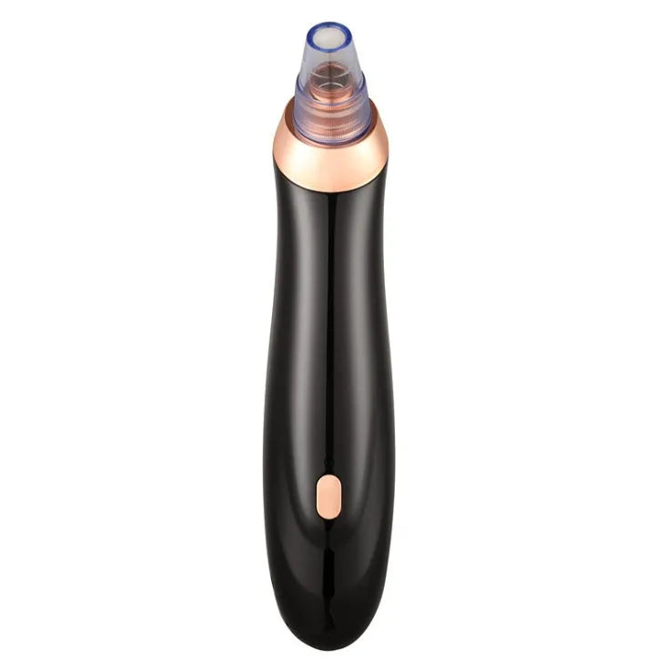 Electric blackhead remover pore cleaner in black with interchangeable nozzle heads and compact design