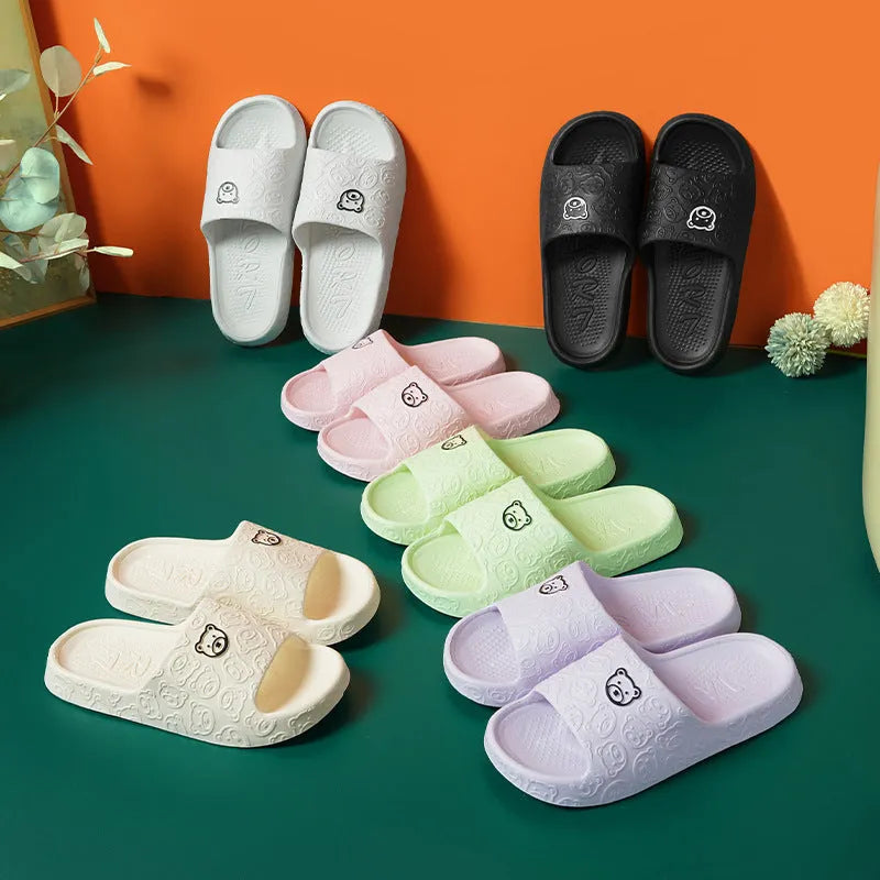 Cute bear slippers with non-slip thick soles in light purple, EVA upper, indoor bedroom bathroom footwear