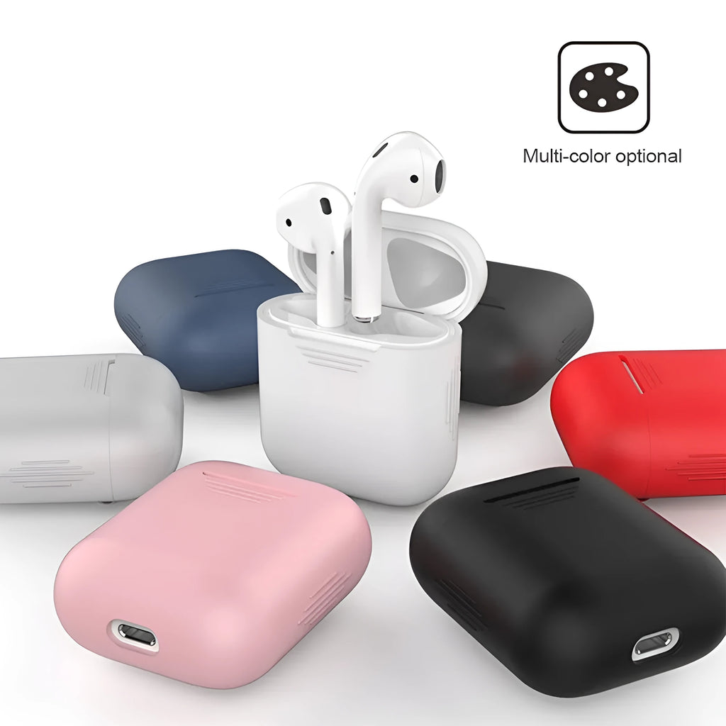 Silicone protection case for Apple AirPods with antilost rope attached, shown in blue colour.