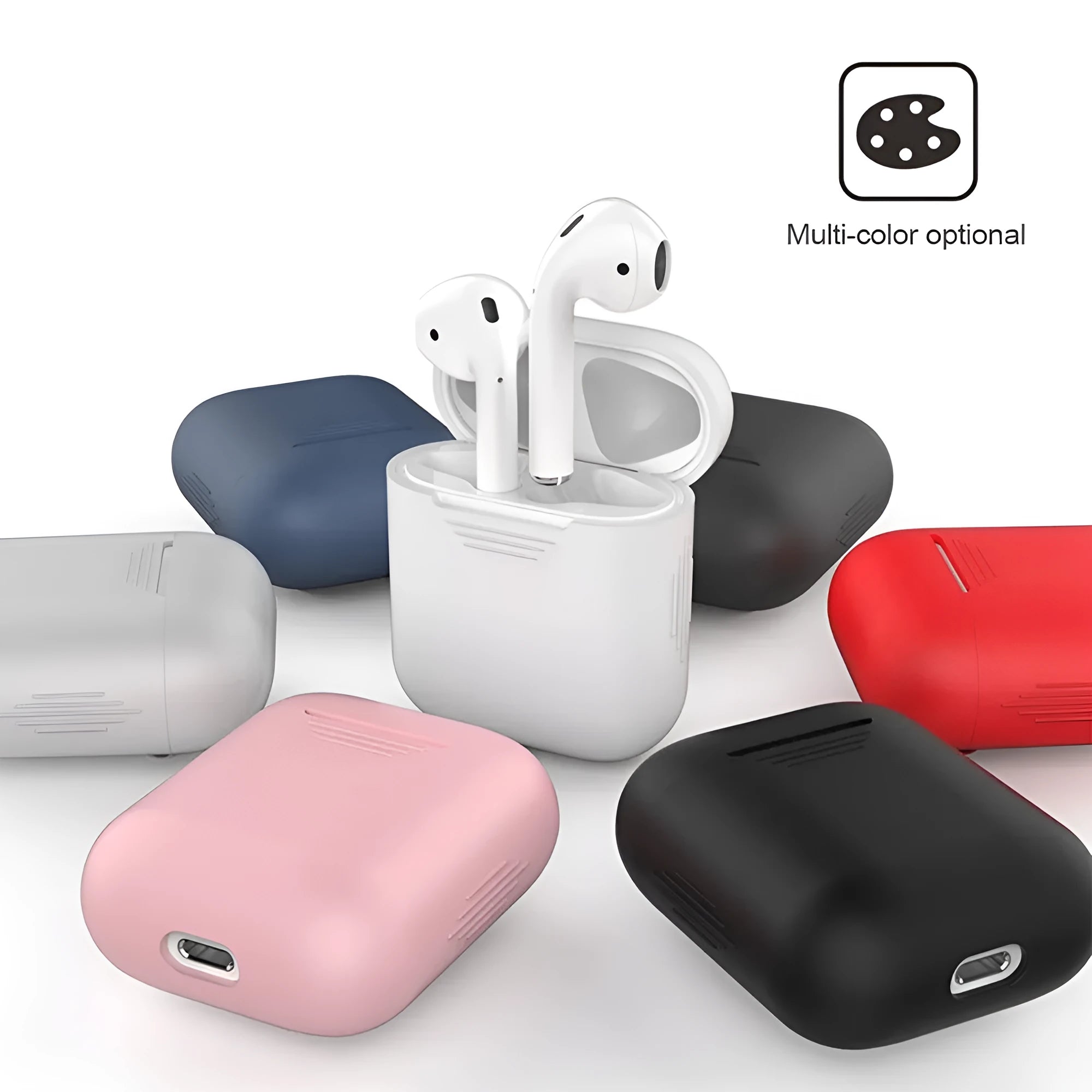 Silicone protection case for Apple AirPods with antilost rope attached, shown in blue colour.