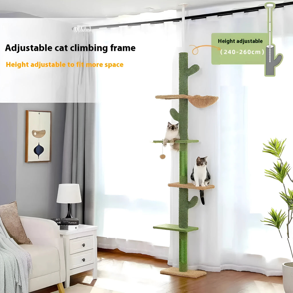Tall solid wood cat climbing frame with integrated scratch board and built-in cat nest