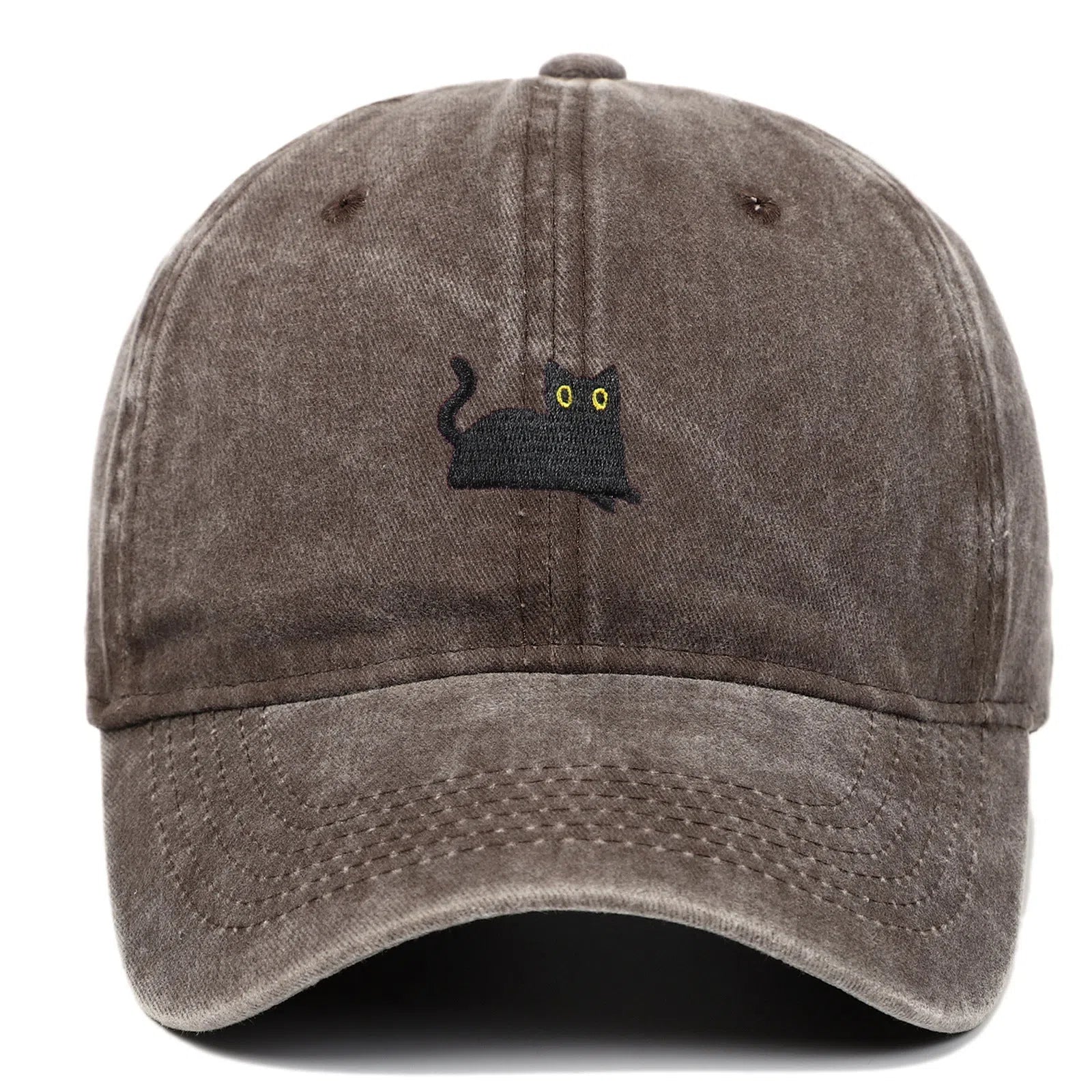 Black cat embroidered washed baseball cap in black, cotton fabric, adjustable size, dome crown style