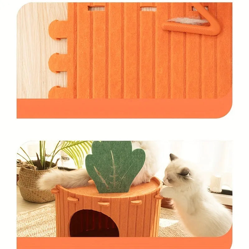 Carrot-shaped felt cat tunnel nest with semi-enclosed drilled design in various colours