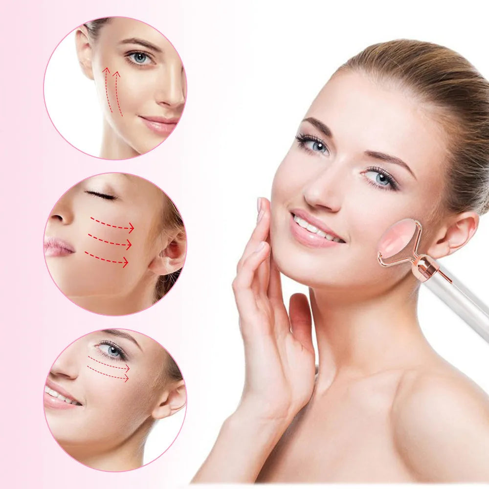 Electric vibrating rose quartz facial roller with under eye press on pink background