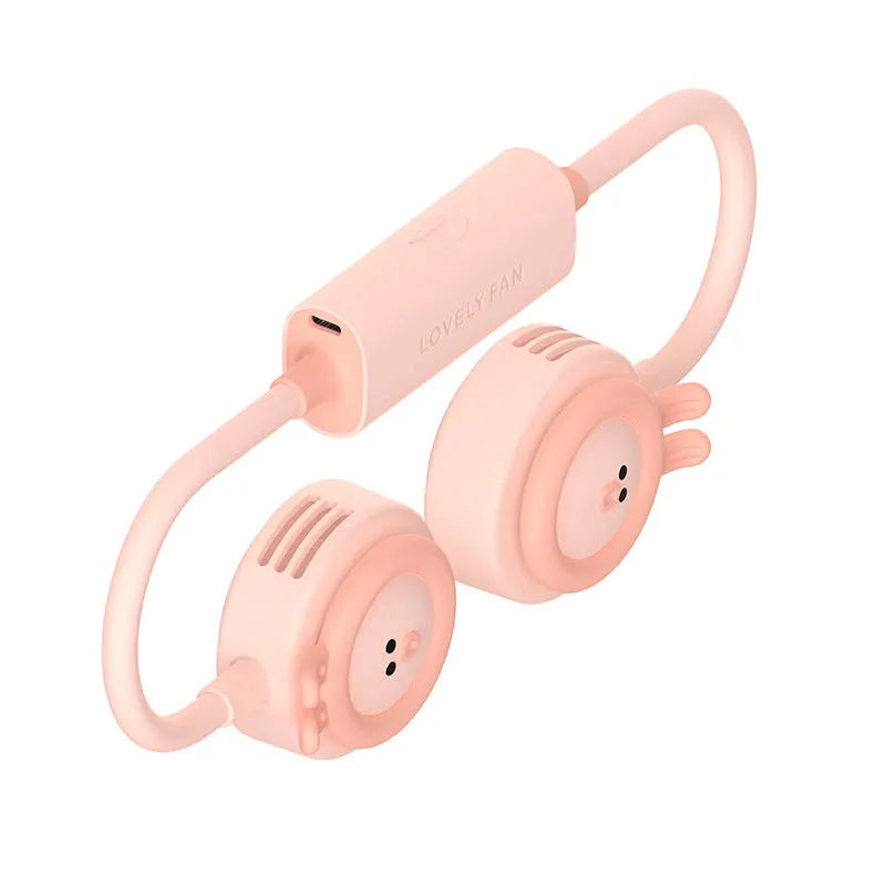 Foldable leafless hanging neck personal fan in pink on a white background