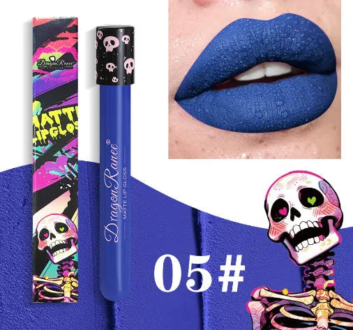 Halloween creative makeup lip gloss in skull test tube packaging with gold and silver matte shades