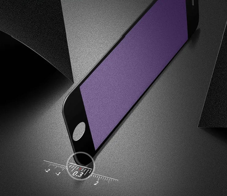 Tempered glass screen protector with carbon fibre edge for iPhone models on a dark surface