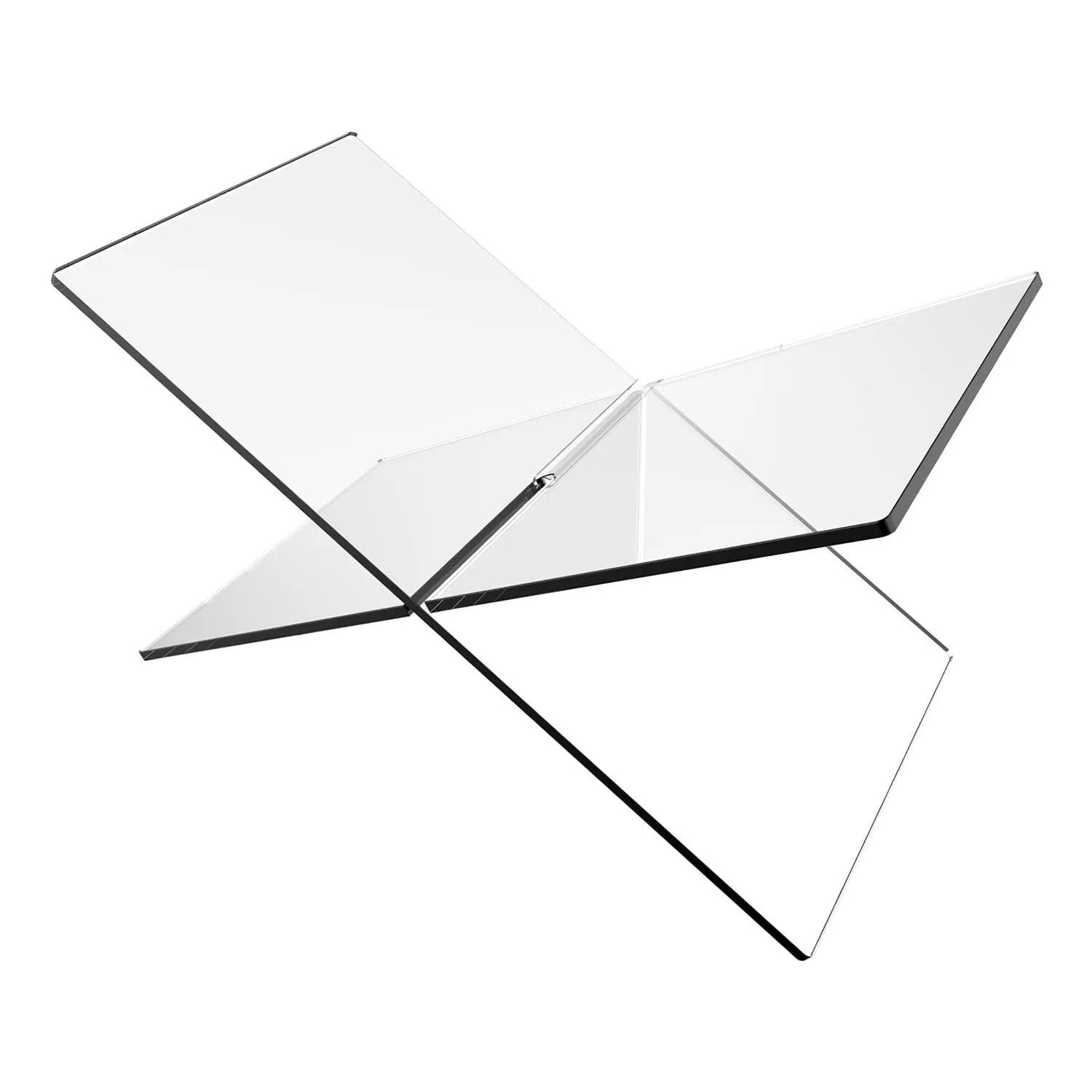 Clear acrylic X-shaped book display stand holding a hardback book on a wooden desk.