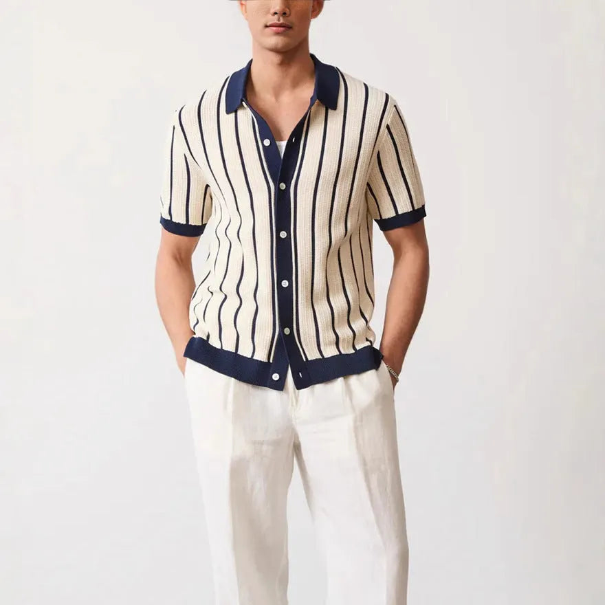 Men's white ice silk knitted lapel top with asymmetrical design and V-neck collar