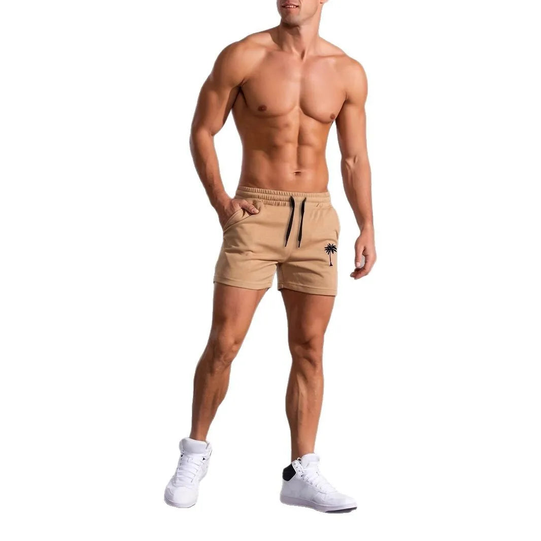 Men's khaki coconut printed sports shorts with straight cut and micro-elastic polyester fabric
