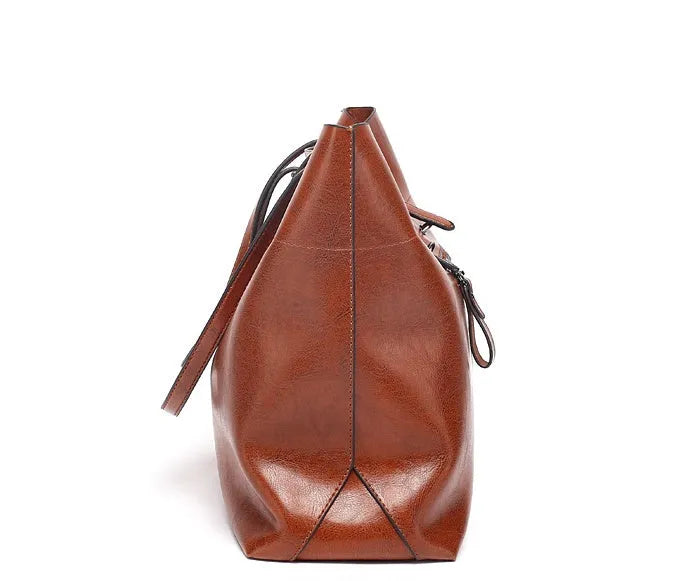 Wax cowhide leather handbag with horizontal design and two compartments