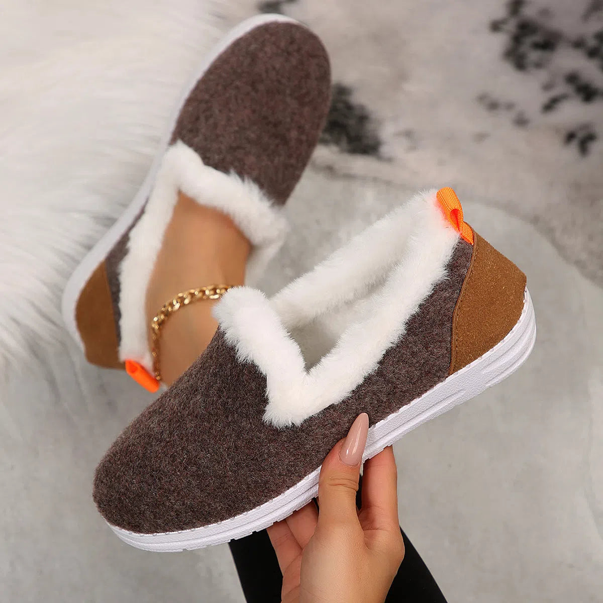 Women's Korean style thick soled short tube cotton shoes in light brown suede with plush lining