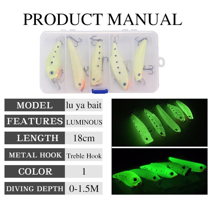 Set of five fluorescent 3D simulation hard bait fishing lures with luminous effect.