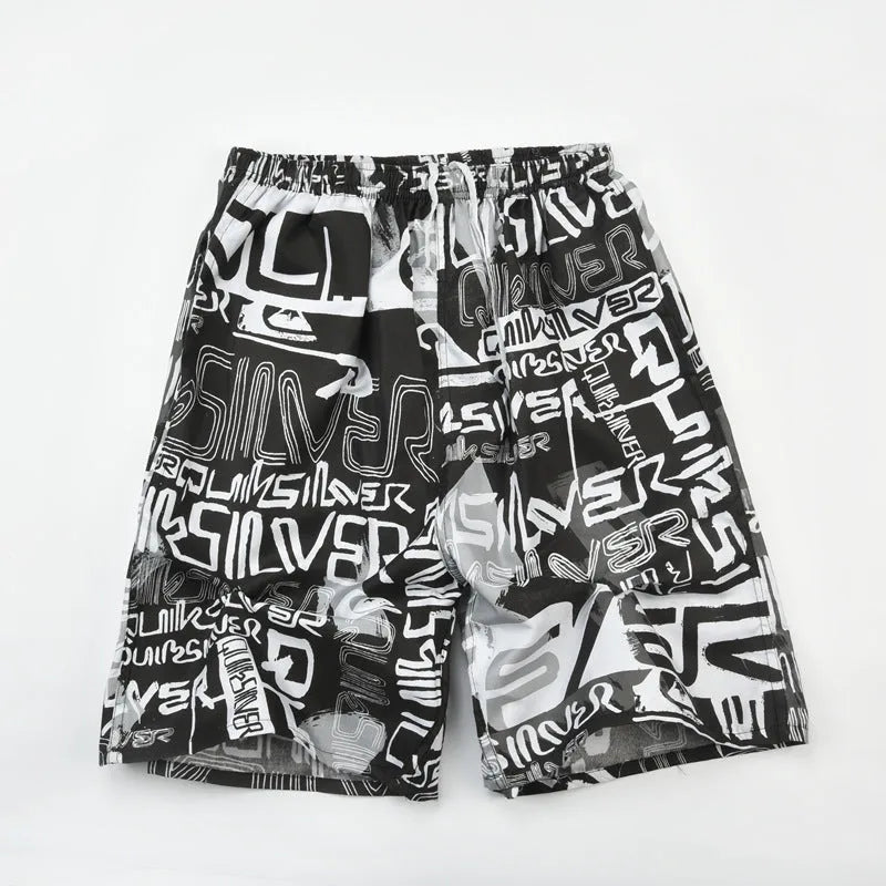 Men's floral print five-point swimming trunks in polyester fabric, free size
