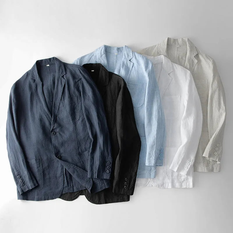 Men's loose fit linen casual suit jacket in solid colour, shown in available colours: white, black, natural linen, sky blue, navy blue.