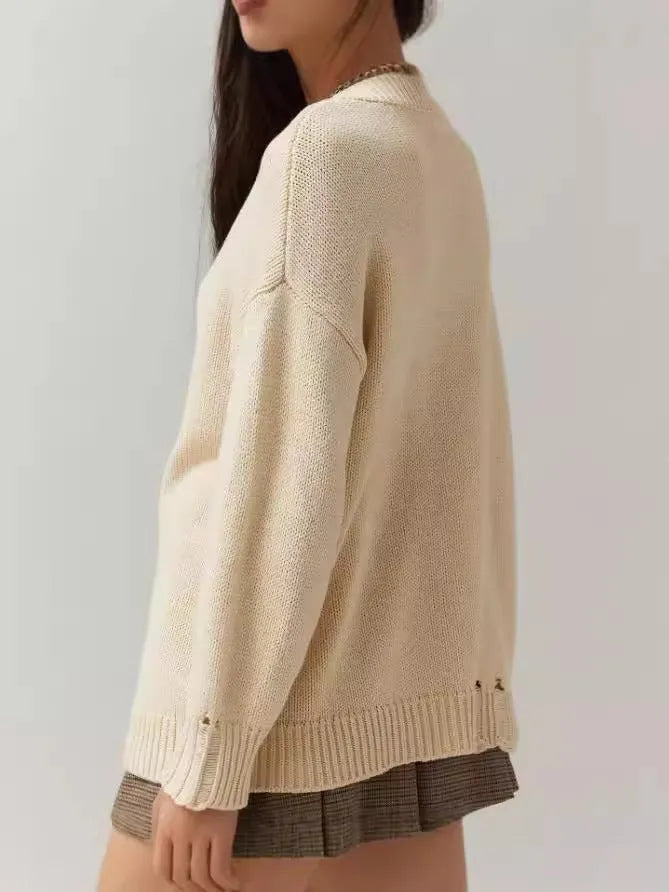 Women's beige acrylic jacquard knit sweater loose fit medium length