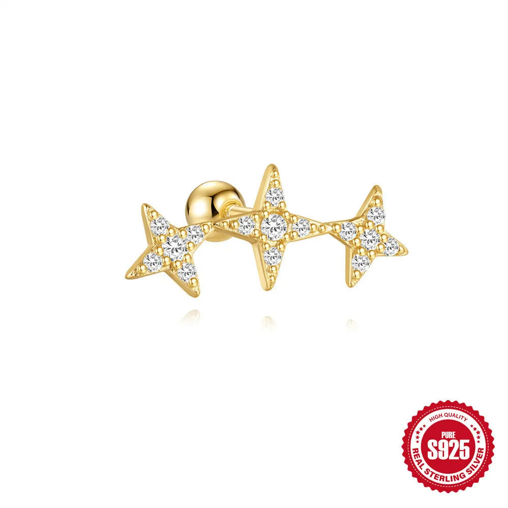 S925 sterling silver flower stud earrings with red gravel stone and gold electroplated finish