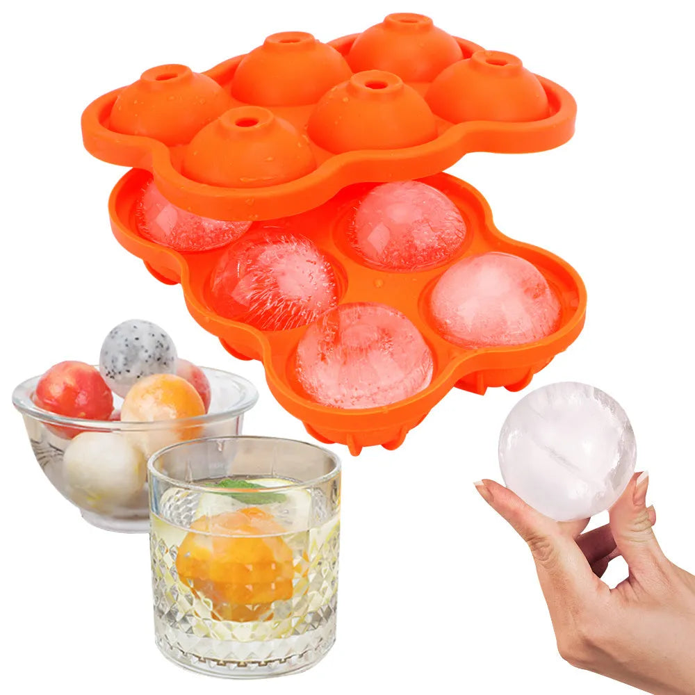 Large black silicone ice cube maker with six 4.5cm sphere cavities on a white background