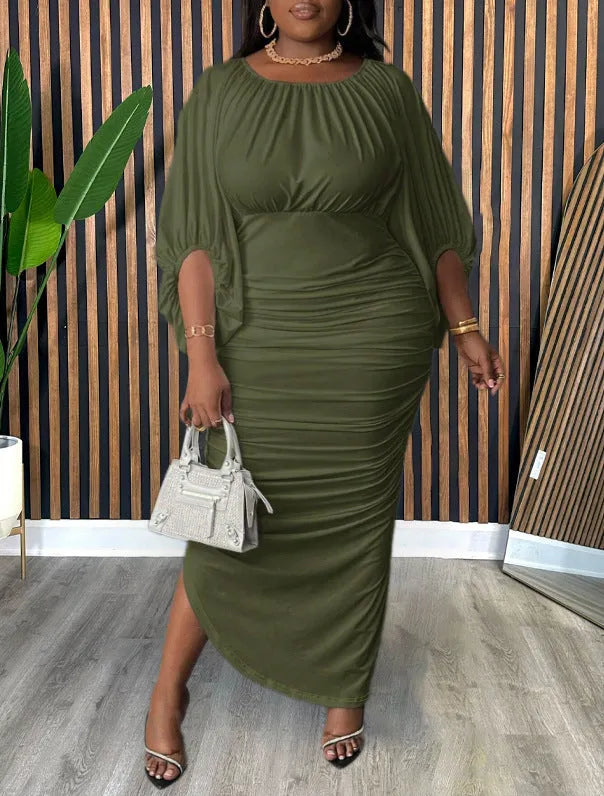 Army green solid colour round neck raglan sleeve shirred long dress on model, plus size 1XL-5XL