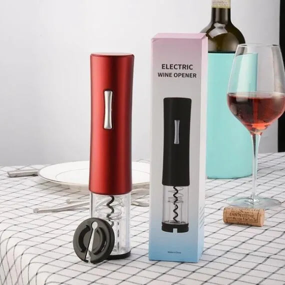 Black automatic electric wine bottle opener with foil cutter on a kitchen counter