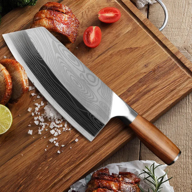 Stainless steel kitchen knife with forged 40cr13 blade, 320mm length, ice fire dual tempering, photo colour