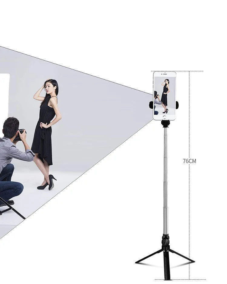 Bluetooth tripod selfie stick with remote control extended to 763mm length showing phone clip rotation