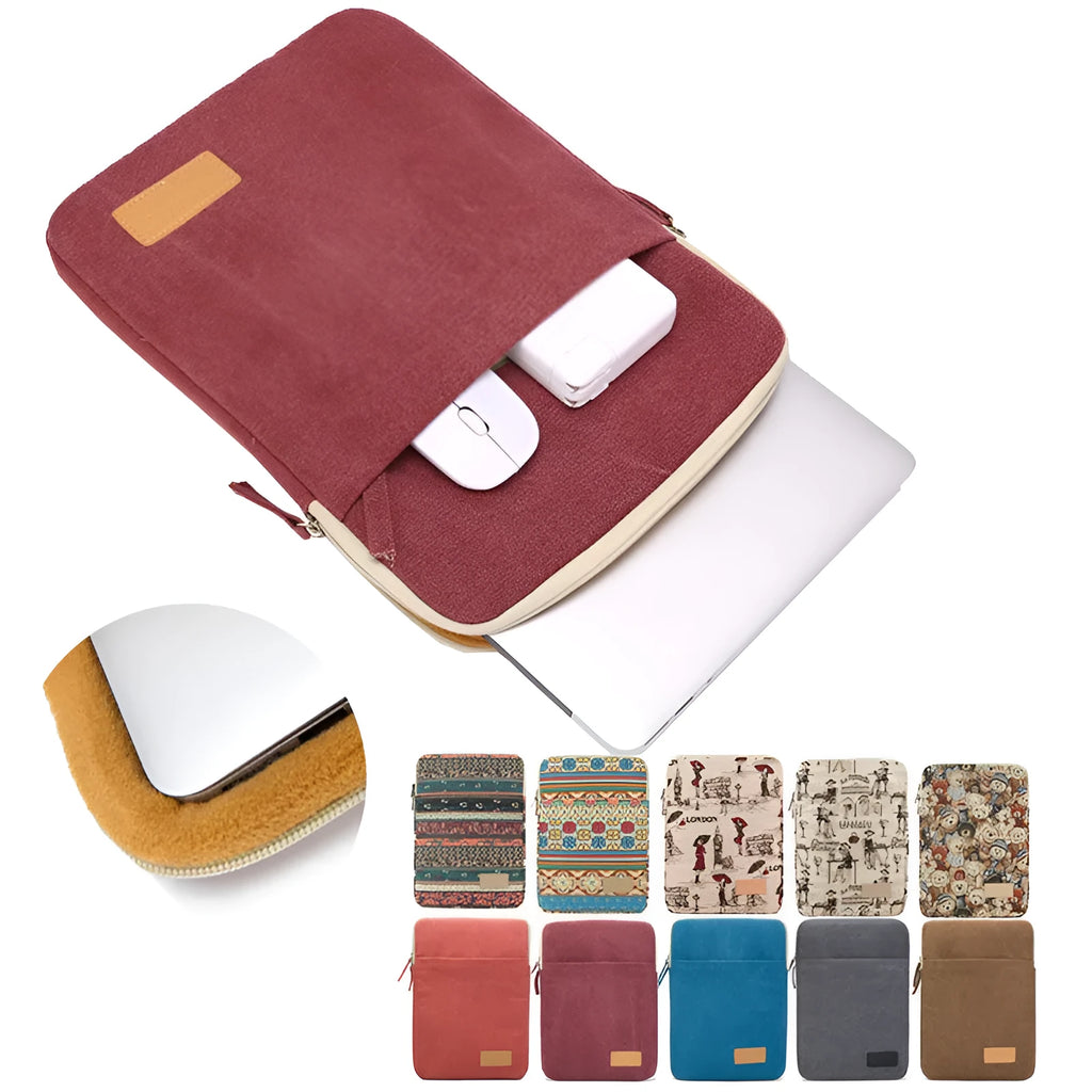 Canvas laptop sleeve for 14-inch laptop in brown colour, British-style design