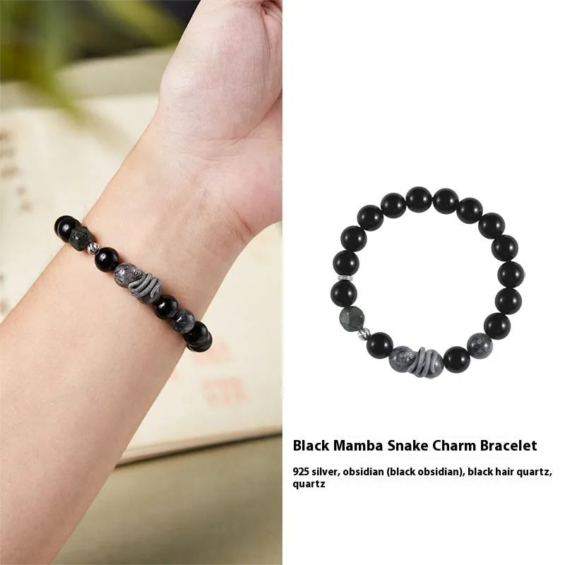 Men's S925 sterling silver bracelet with obsidian black crystal beads and snake zodiac modelling