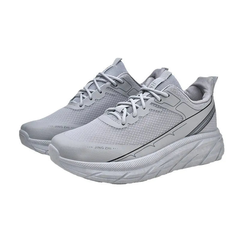 Mens thick-soled anti-skid lace-up running sneakers with rubber sole in black and grey colour options