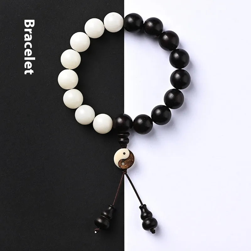 Handmade retro bracelet with eight-diagram pattern on 11mm White Corypha Umbraculifera and Blackwood Bodhi beads