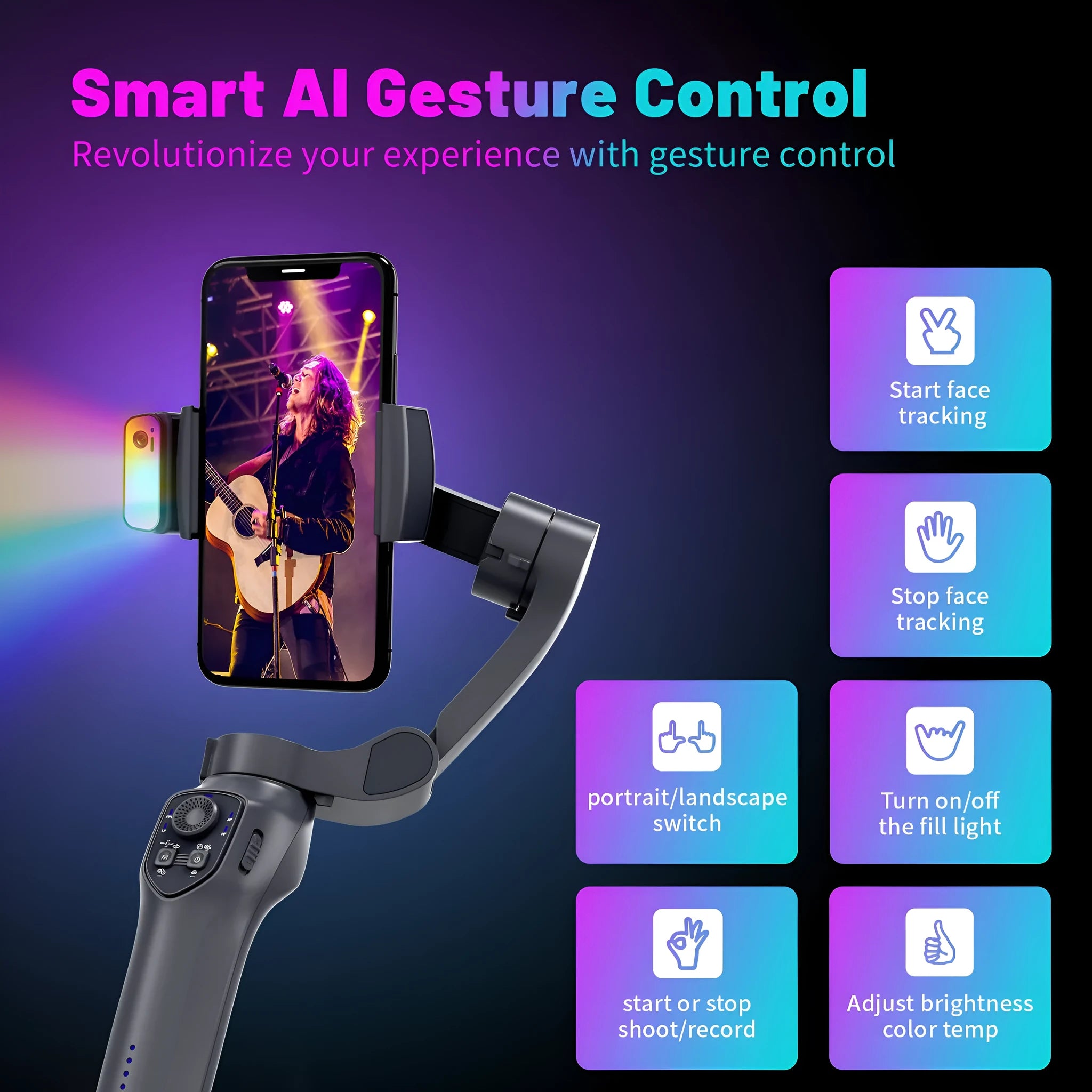 Foldable handheld camera gimbal stabiliser in gun colour and AI RGB variants