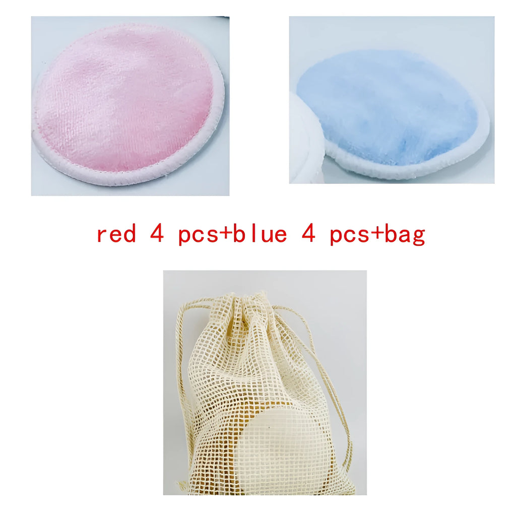 Velvet makeup remover pads in red and blue colours with organic cotton mesh storage bag