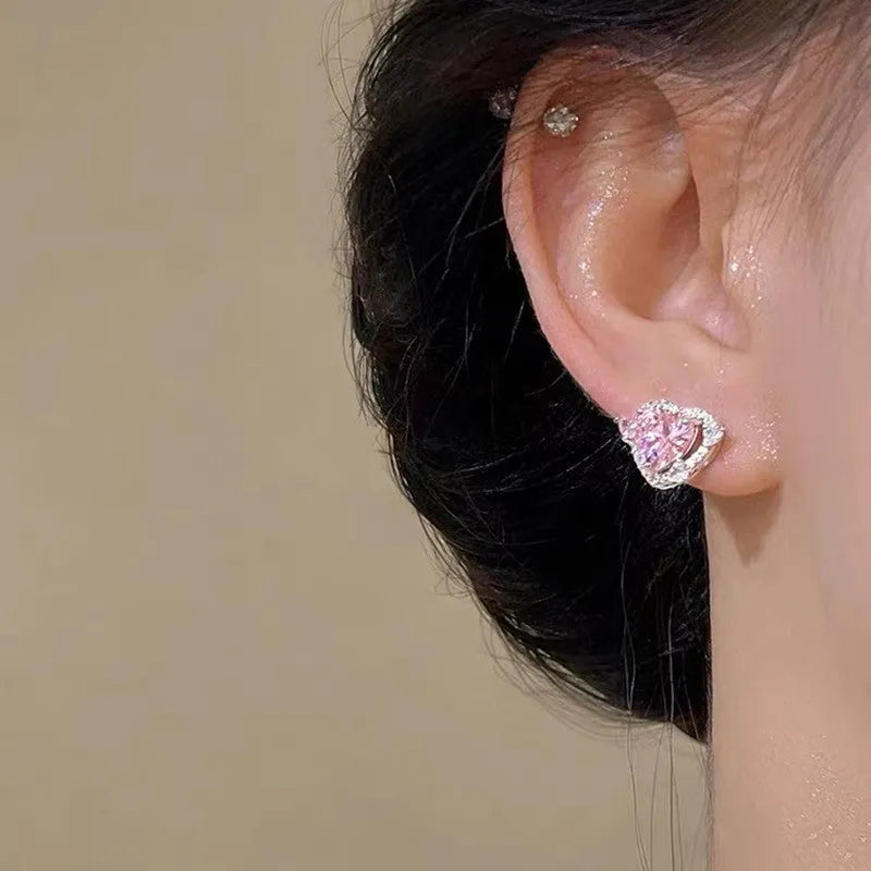 Women's heart-shaped stud earrings with white gold colour electroplated finish