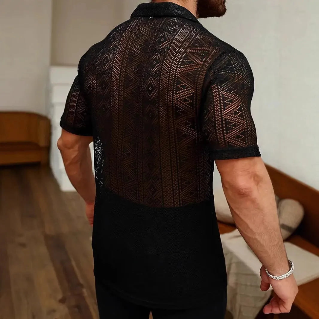 Men's black lace transparent short-sleeved cardigan shirt in polyester, front view, summer fashion style