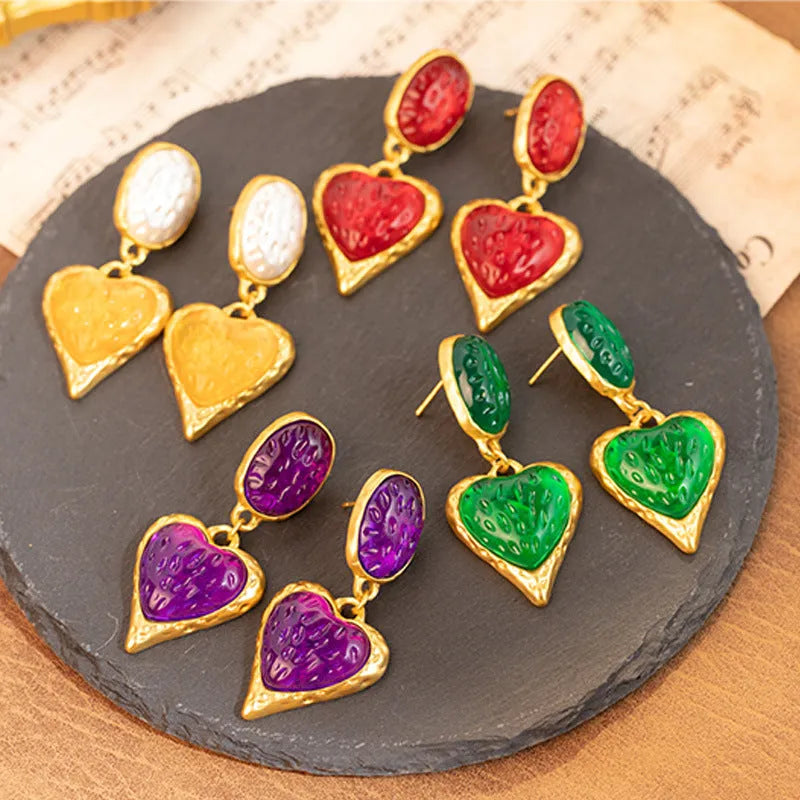 Alloy oval love heart stud earrings with pleated detail in four colour options