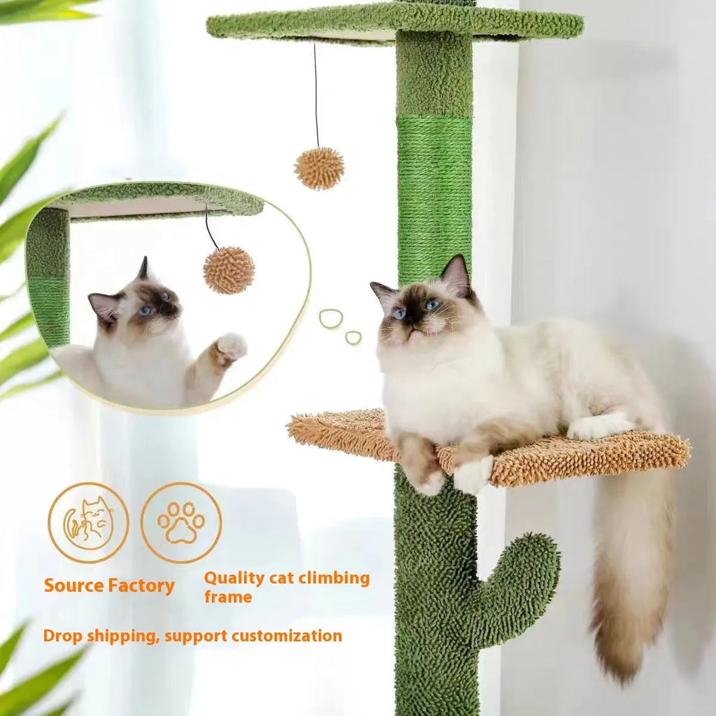 Tall solid wood cat climbing frame with integrated scratch board and built-in cat nest