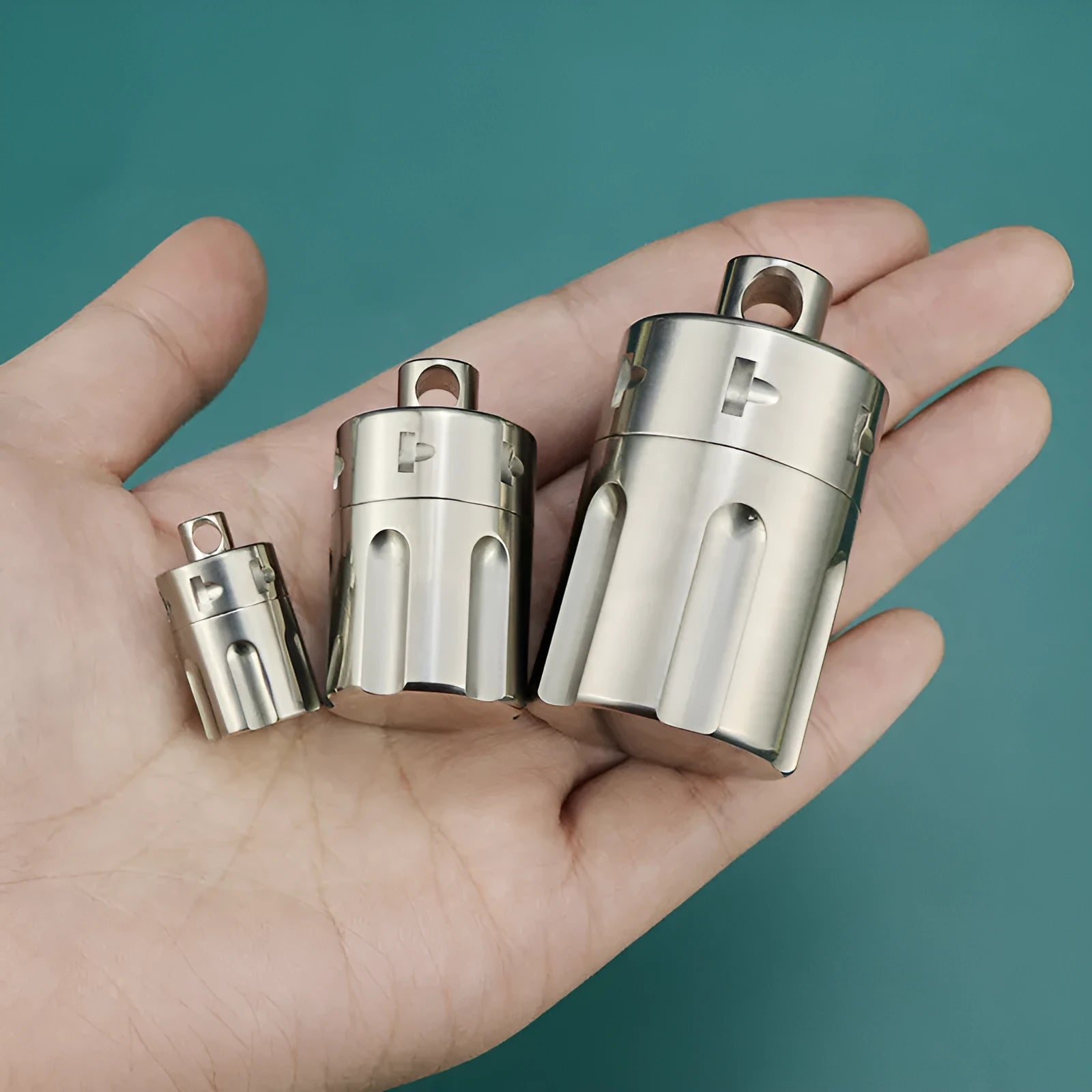 Pure titanium waterproof compartment storage tank with five T10 size options on a white background