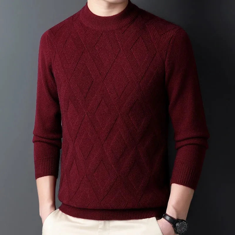 Men's diamond jacquard wool blend winter sweater in light camel colour on a hanger