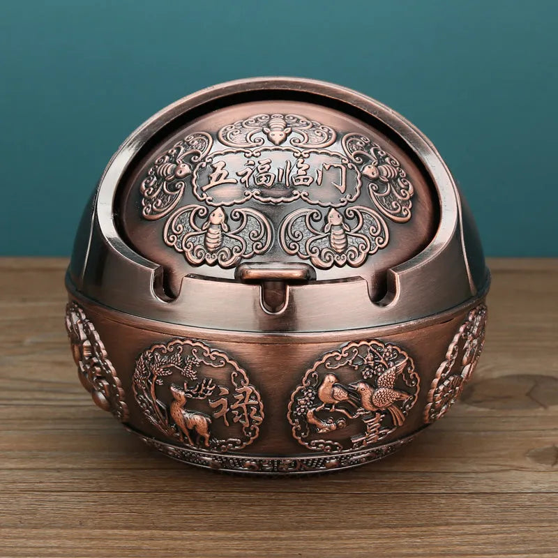 Creative alloy ashtray in bronze with smoke extinguishing slot, featuring a detailed Money Tree design.