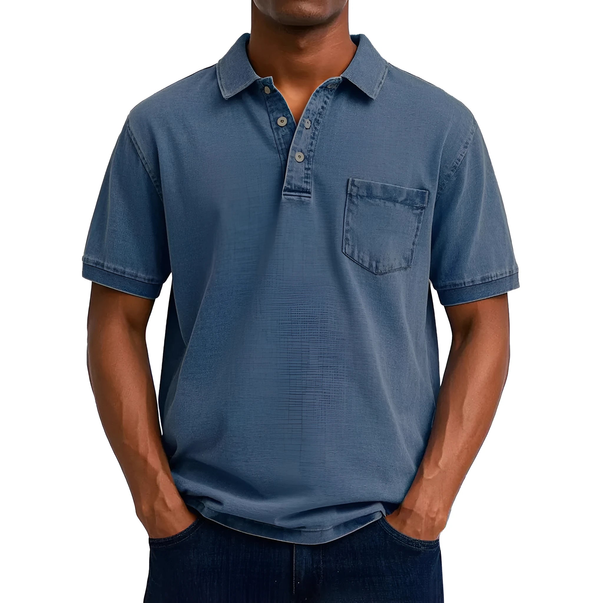 Plus size man wearing a printed short sleeve shirt in Korean style, showing slim fit.