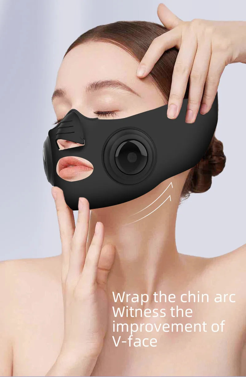 Black handheld photon facial mask beauty device with USB cable and adjustable settings.