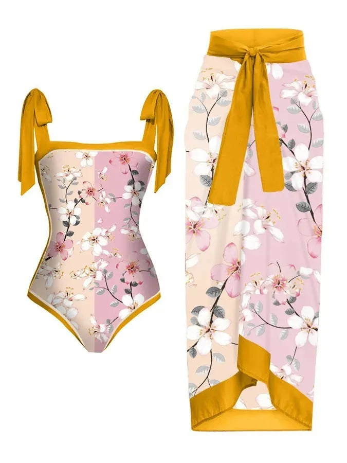 Women's floral print chiffon swimsuit with matching skirt for swimming