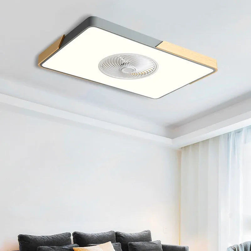 Nordic ceiling fan lamp with light on solid wood base, available in rectangular, round, or square options