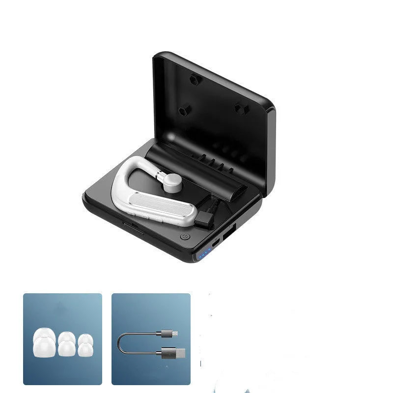Bluetooth earphones in black with hanging ear design shown with charging cable and three pairs of silicone ear caps