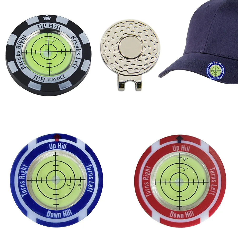 Golf level hat clip with bubble vial and position mark, shown in multiple colour variations.