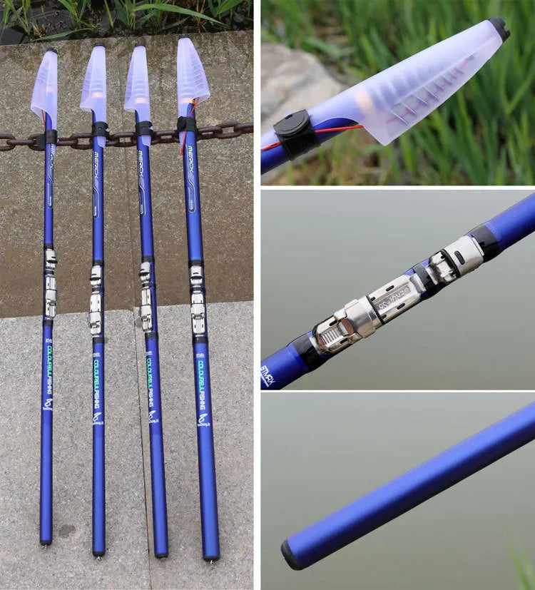 Blue telescopic carbon rock fishing rod extended on a rocky shore for sea fishing