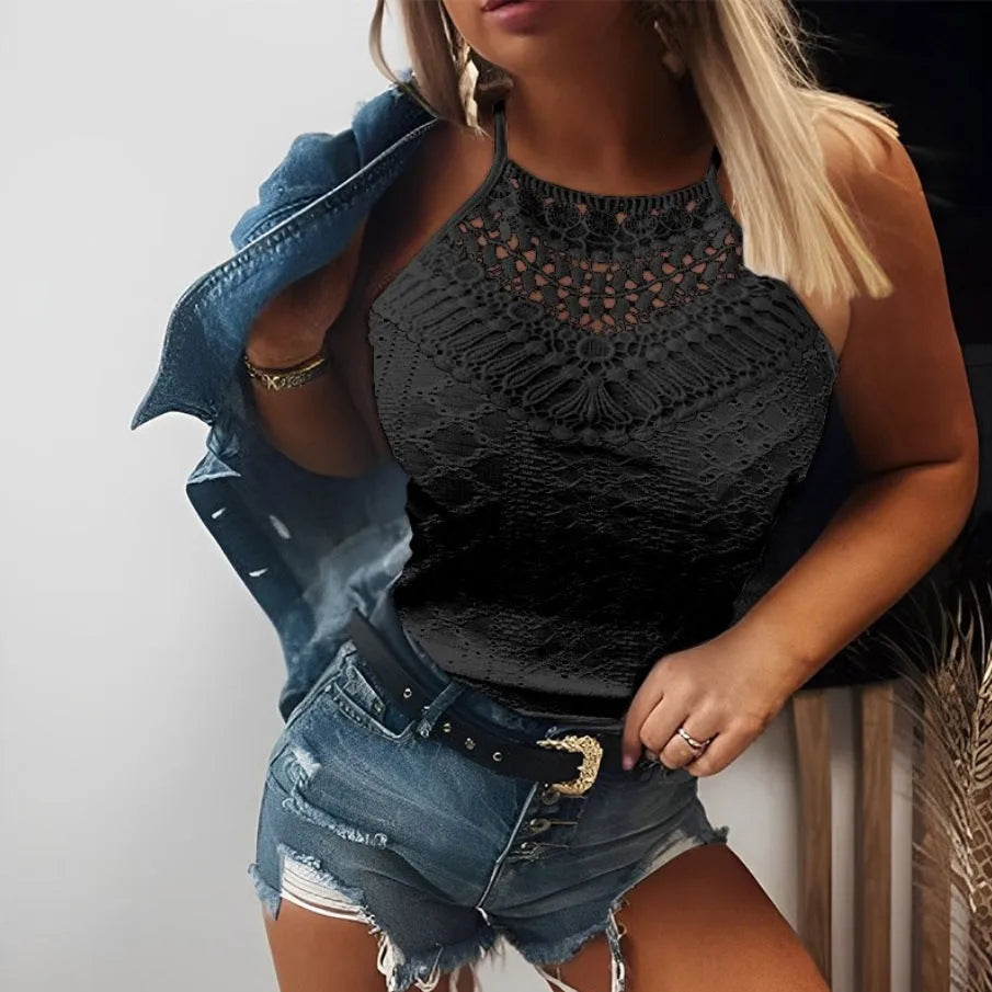 Women's summer sleeveless halter top with lace detail in solid colour, polyester fabric, available in Black, White, Green, Yellow, Pink