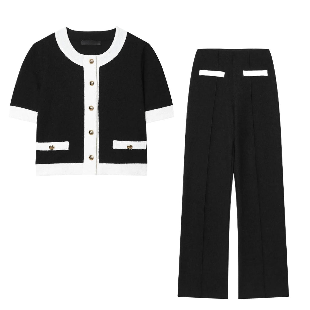 Women's polyester casual suit with beaded leather-look top and stretch high-waisted trousers